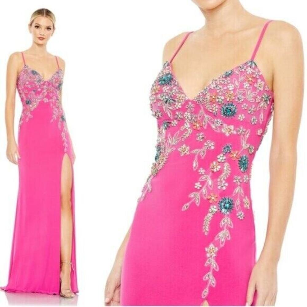 Mac Duggal 42006 Pink Jersey Maxi Gown‎ Stretch Floral Crystal Embellished